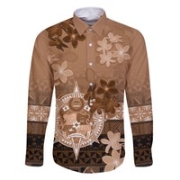 Tonga Emancipation Day Family Matching Mermaid Dress and Hawaiian Shirt Tongan Kupesi Ngatu Pattern Vintage Style LT05 Dad's Shirt - Long Sleeve Brown - Polynesian Pride