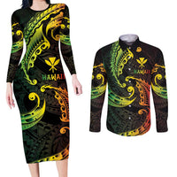 AAPI Heritage Month Couples Matching Long Sleeve Bodycon Dress and Long Sleeve Button Shirt Kanaka Maoli Polynesian Tribal Wave