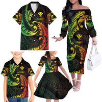AAPI Heritage Month Family Matching Off The Shoulder Long Sleeve Dress and Hawaiian Shirt Kanaka Maoli Polynesian Tribal Wave
