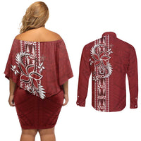 Tonga Language Week Couples Matching Off Shoulder Short Dress and Long Sleeve Button Shirt Malo e Lelei Kupesi Ngatu Pattern