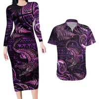 Aotearoa New Zealand Crocodile Couples Matching Long Sleeve Bodycon Dress and Hawaiian Shirt Silver Fern Maori Pattern