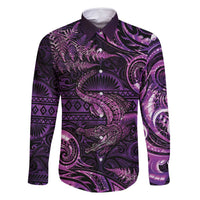 Aotearoa New Zealand Crocodile Family Matching Long Sleeve Bodycon Dress and Hawaiian Shirt Silver Fern Maori Pattern LT05 Dad's Shirt - Long Sleeve Purple - Polynesian Pride