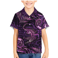 Aotearoa New Zealand Crocodile Family Matching Mermaid Dress and Hawaiian Shirt Silver Fern Maori Pattern LT05 Son's Shirt Purple - Polynesian Pride