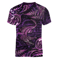 Aotearoa New Zealand Crocodile Women V-Neck T-Shirt Silver Fern Maori Pattern