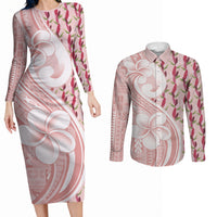 Samoa Teuila Couples Matching Long Sleeve Bodycon Dress and Long Sleeve Button Shirt Pink Samoan Siapo Motifs LT05 Pink - Polynesian Pride