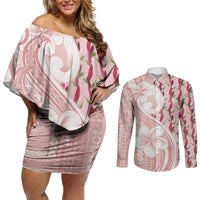 Samoa Teuila Couples Matching Off Shoulder Short Dress and Long Sleeve Button Shirt Pink Samoan Siapo Motifs LT05 Pink - Polynesian Pride