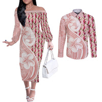 Samoa Teuila Couples Matching Off The Shoulder Long Sleeve Dress and Long Sleeve Button Shirt Pink Samoan Siapo Motifs
