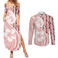 Samoa Teuila Couples Matching Summer Maxi Dress and Long Sleeve Button Shirt Pink Samoan Siapo Motifs