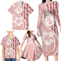 Samoa Teuila Family Matching Long Sleeve Bodycon Dress and Hawaiian Shirt Pink Samoan Siapo Motifs LT05 - Polynesian Pride