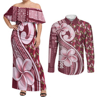 Samoa Teuila Couples Matching Off Shoulder Maxi Dress and Long Sleeve Button Shirt Maroon Samoan Siapo Motifs LT05 Maroon - Polynesian Pride