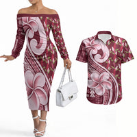 Samoa Teuila Couples Matching Off The Shoulder Long Sleeve Dress and Hawaiian Shirt Maroon Samoan Siapo Motifs LT05 Maroon - Polynesian Pride