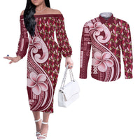 Samoa Teuila Couples Matching Off The Shoulder Long Sleeve Dress and Long Sleeve Button Shirt Maroon Samoan Siapo Motifs LT05 Maroon - Polynesian Pride