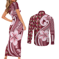 Samoa Teuila Couples Matching Short Sleeve Bodycon Dress and Long Sleeve Button Shirt Maroon Samoan Siapo Motifs LT05 - Polynesian Pride