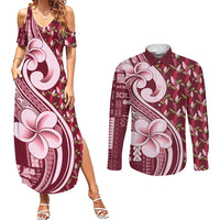 Samoa Teuila Couples Matching Summer Maxi Dress and Long Sleeve Button Shirt Maroon Samoan Siapo Motifs