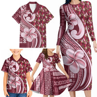 Samoa Teuila Family Matching Long Sleeve Bodycon Dress and Hawaiian Shirt Maroon Samoan Siapo Motifs LT05 - Polynesian Pride