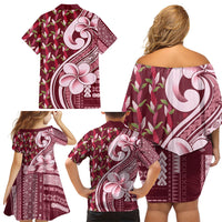 Samoa Teuila Family Matching Off Shoulder Short Dress and Hawaiian Shirt Maroon Samoan Siapo Motifs