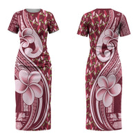 Samoa Teuila Family Matching Short Sleeve Bodycon Dress and Hawaiian Shirt Maroon Samoan Siapo Motifs LT05 Mom's Dress Maroon - Polynesian Pride