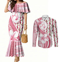 Samoa Teuila Couples Matching Mermaid Dress and Long Sleeve Button Shirt White Samoan Siapo Motifs LT05 White - Polynesian Pride