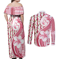 Samoa Teuila Couples Matching Off Shoulder Maxi Dress and Long Sleeve Button Shirt White Samoan Siapo Motifs LT05 - Polynesian Pride