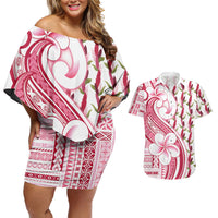 Samoa Teuila Couples Matching Off Shoulder Short Dress and Hawaiian Shirt White Samoan Siapo Motifs LT05 White - Polynesian Pride
