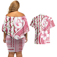 Samoa Teuila Couples Matching Off Shoulder Short Dress and Hawaiian Shirt White Samoan Siapo Motifs LT05 - Polynesian Pride