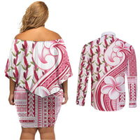 Samoa Teuila Couples Matching Off Shoulder Short Dress and Long Sleeve Button Shirt White Samoan Siapo Motifs LT05 - Polynesian Pride