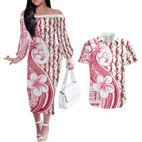 Samoa Teuila Couples Matching Off The Shoulder Long Sleeve Dress and Hawaiian Shirt White Samoan Siapo Motifs LT05 White - Polynesian Pride