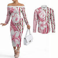 Samoa Teuila Couples Matching Off The Shoulder Long Sleeve Dress and Long Sleeve Button Shirt White Samoan Siapo Motifs LT05 White - Polynesian Pride