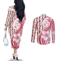 Samoa Teuila Couples Matching Off The Shoulder Long Sleeve Dress and Long Sleeve Button Shirt White Samoan Siapo Motifs LT05 - Polynesian Pride