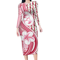 Samoa Teuila Long Sleeve Bodycon Dress White Samoan Siapo Motifs LT05 Long Dress White - Polynesian Pride