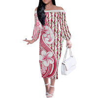 Samoa Teuila Off The Shoulder Long Sleeve Dress White Samoan Siapo Motifs LT05 Women White - Polynesian Pride