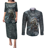 Hawaii Mo'o Lizard God Couples Matching Puletasi and Long Sleeve Button Shirt Polynesian Style