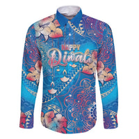 Happy Diwali Festival Family Matching Long Sleeve Bodycon Dress and Hawaiian Shirt Diya Lamp Rangoli With Polynesian Pattern LT05 Dad's Shirt - Long Sleeve Blue - Polynesian Pride
