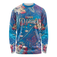 Happy Diwali Festival Long Sleeve Shirt Diya Lamp Rangoli With Polynesian Pattern