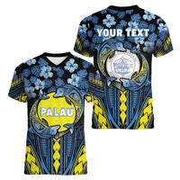 Personalised Palau Women V-Neck T-Shirt Polynesian Dolphin Tropical Hibiscus Style