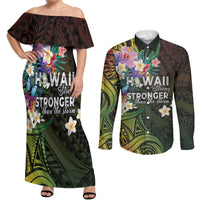 Hawaii Strong Couples Matching Off Shoulder Maxi Dress and Long Sleeve Button Shirt Polynesian Tribal Tropical Flowers