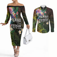Hawaii Strong Couples Matching Off The Shoulder Long Sleeve Dress and Long Sleeve Button Shirt Polynesian Tribal Tropical Flowers