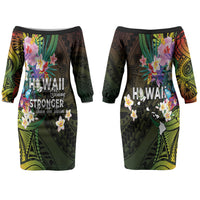 Hawaii Strong Couples Matching Off The Shoulder Long Sleeve Dress and Long Sleeve Button Shirt Polynesian Tribal Tropical Flowers