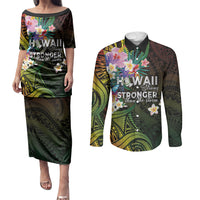 Hawaii Strong Couples Matching Puletasi and Long Sleeve Button Shirt Polynesian Tribal Tropical Flowers