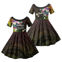 Hawaii Strong Family Matching Short Sleeve Bodycon Dress and Hawaiian Shirt Polynesian Tribal Tropical Flowers