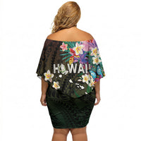 Hawaii Strong Off Shoulder Short Dress Polynesian Tribal Tropical Flowers
