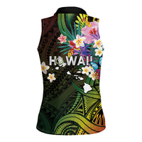 Hawaii Strong Women Sleeveless Polo Shirt Polynesian Tribal Tropical Flowers