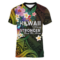 Hawaii Strong Women V-Neck T-Shirt Polynesian Tribal Tropical Flowers