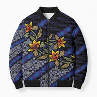 Indonesian Batik Motifs Pattern Floral Art Dark Blue Bomber Puffer Jacket
