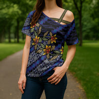 Indonesian Batik Motifs Pattern Floral Art Dark Blue Cross Shoulder Shirt