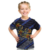 Indonesian Batik Motifs Pattern Floral Art Dark Blue Kid T Shirt