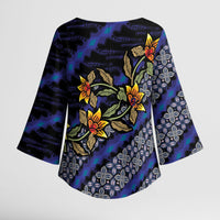 Indonesian Batik Motifs Pattern Floral Art Dark Blue Kimono Sleeve Blouse