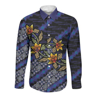 Indonesian Batik Motifs Pattern Floral Art Dark Blue Long Sleeve Button Shirt