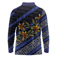 Indonesian Batik Motifs Pattern Floral Art Dark Blue Long Sleeve Polo Shirt