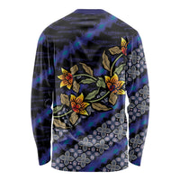 Indonesian Batik Motifs Pattern Floral Art Dark Blue Long Sleeve Shirt